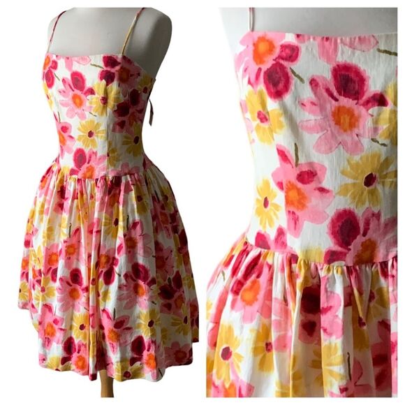 NOS Vintage Tracy & Michael Floral Drop Waist Linen Sleeveless Dress- Size 8 - Picture 7 of 8